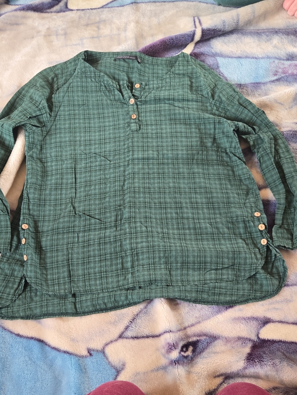 3/$20 Lightweight Green Plaid Womans Button Henley Top